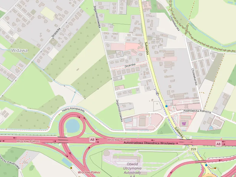 Mapa okolicy biura przy ul. Zegarmistrzowskiej 32 we Wrocławiu: ulica Sułowska i węzeł Wrocław Północ na autostradowej obwodnicy A8